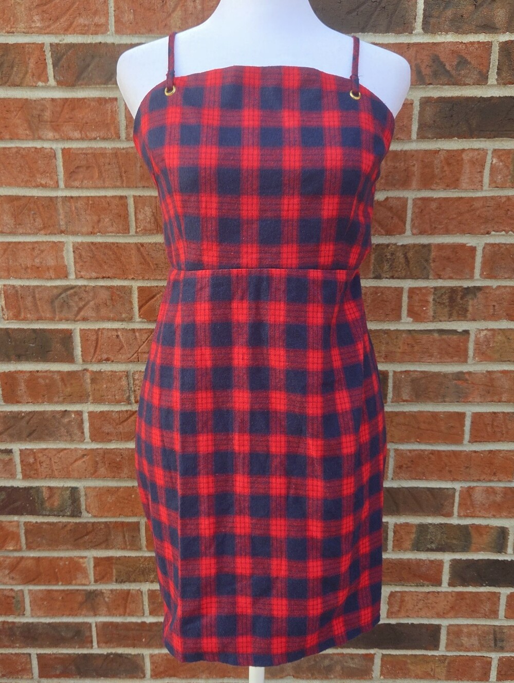 NWT Olive Scent Red Navy Plaid Cutout Back Tie Mini Dress Medium